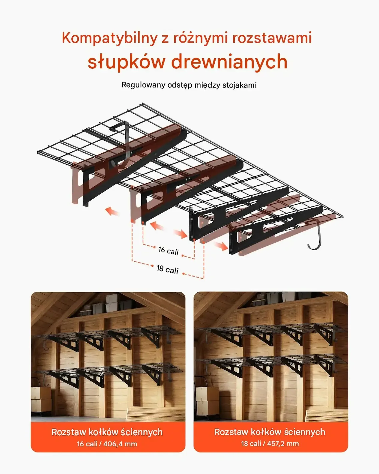 Regał garażowy ścienny czarny mocny 2 półki 227 kg stal haki 1828 mm - obrazek 6
