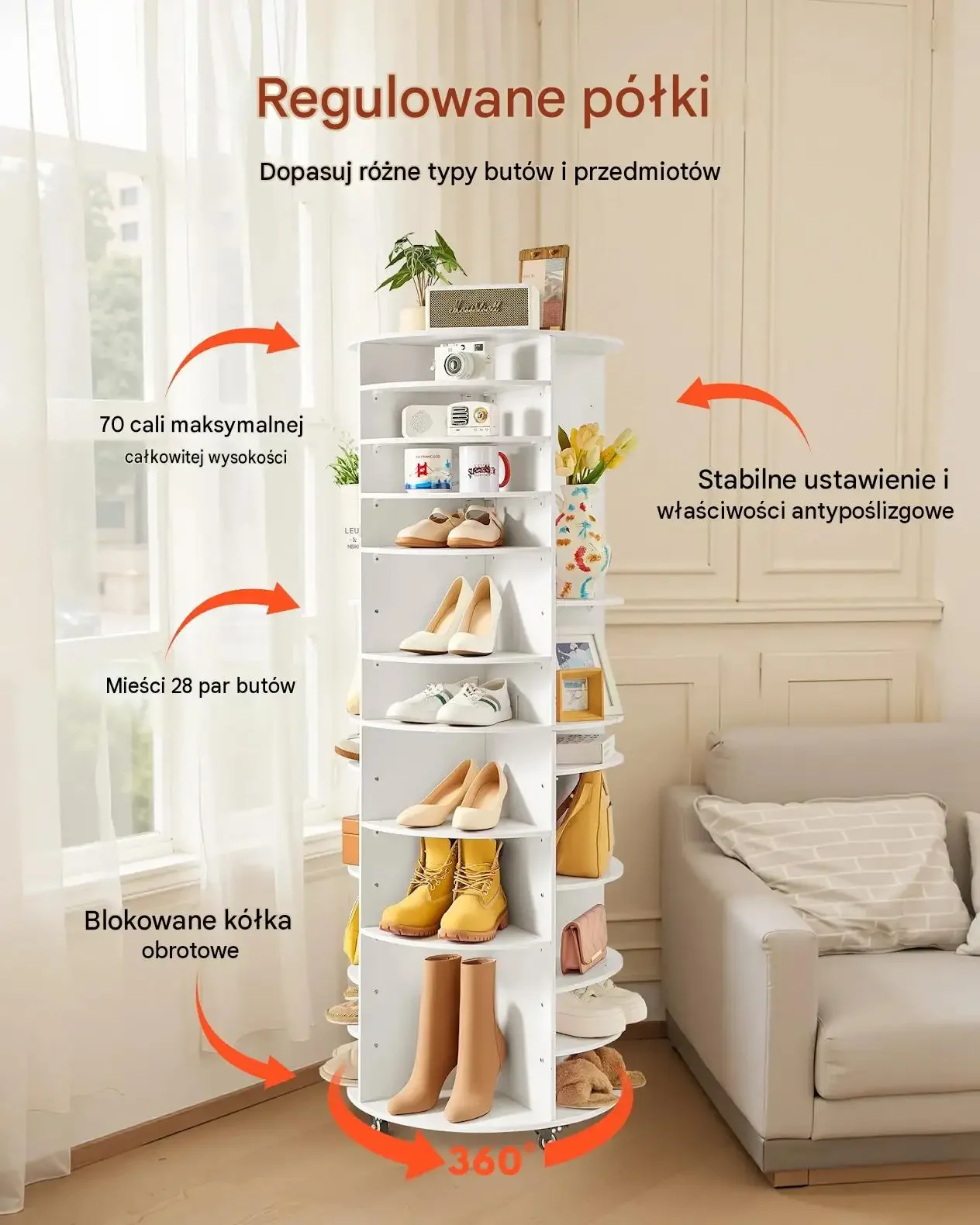 Stojak butów 28 par 7 poziomów obrotowy 360° mobilny biała mocna PVC 16 kg - obrazek 3