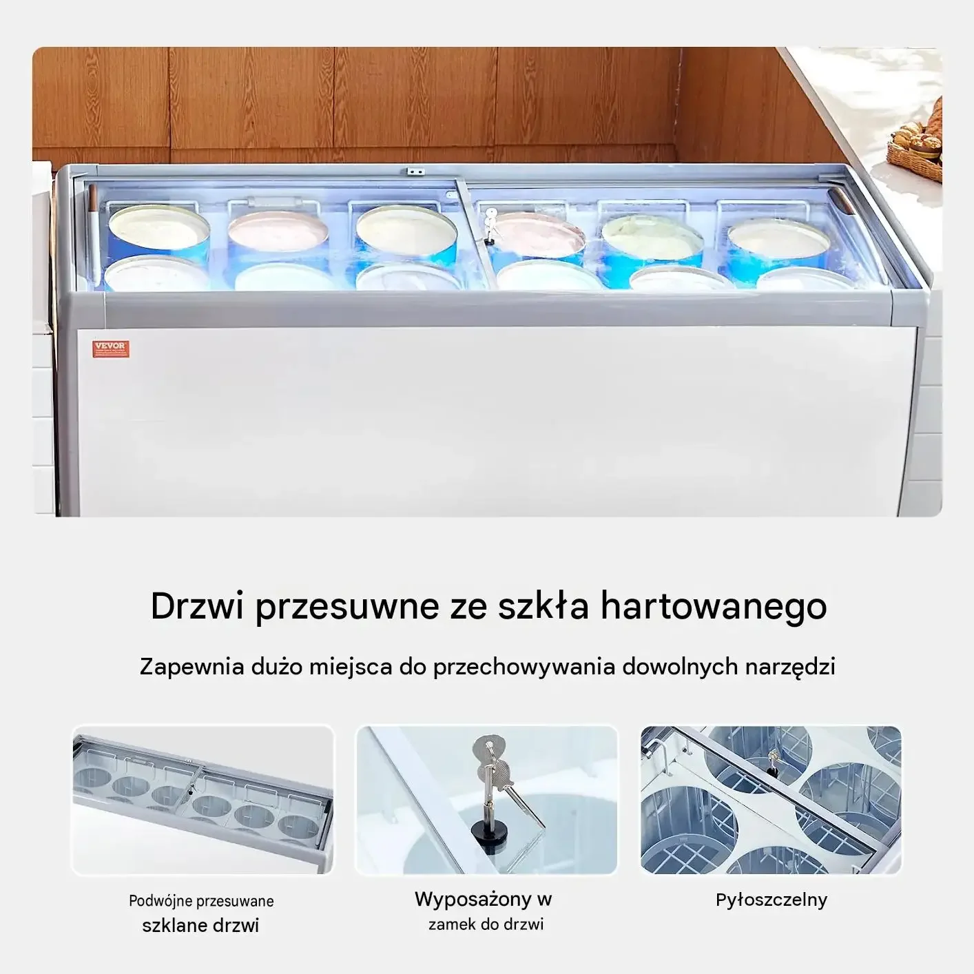 Witryna lodów zamrażarka skrzyniowa 567 L biała premium 12 wanien LED szkło - obrazek 5