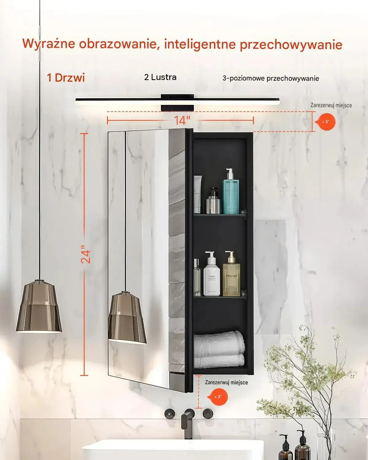 Szafka leki lustro czarna premium regulowane półki szkło 355 x 135 x 610 mm - obrazek 2