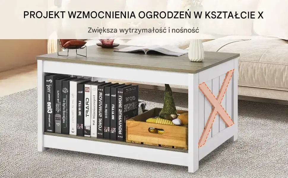 Stolik kawowy kwadratowy 80 cm biały rustykalny premium konstrukcja schowek - obrazek 5