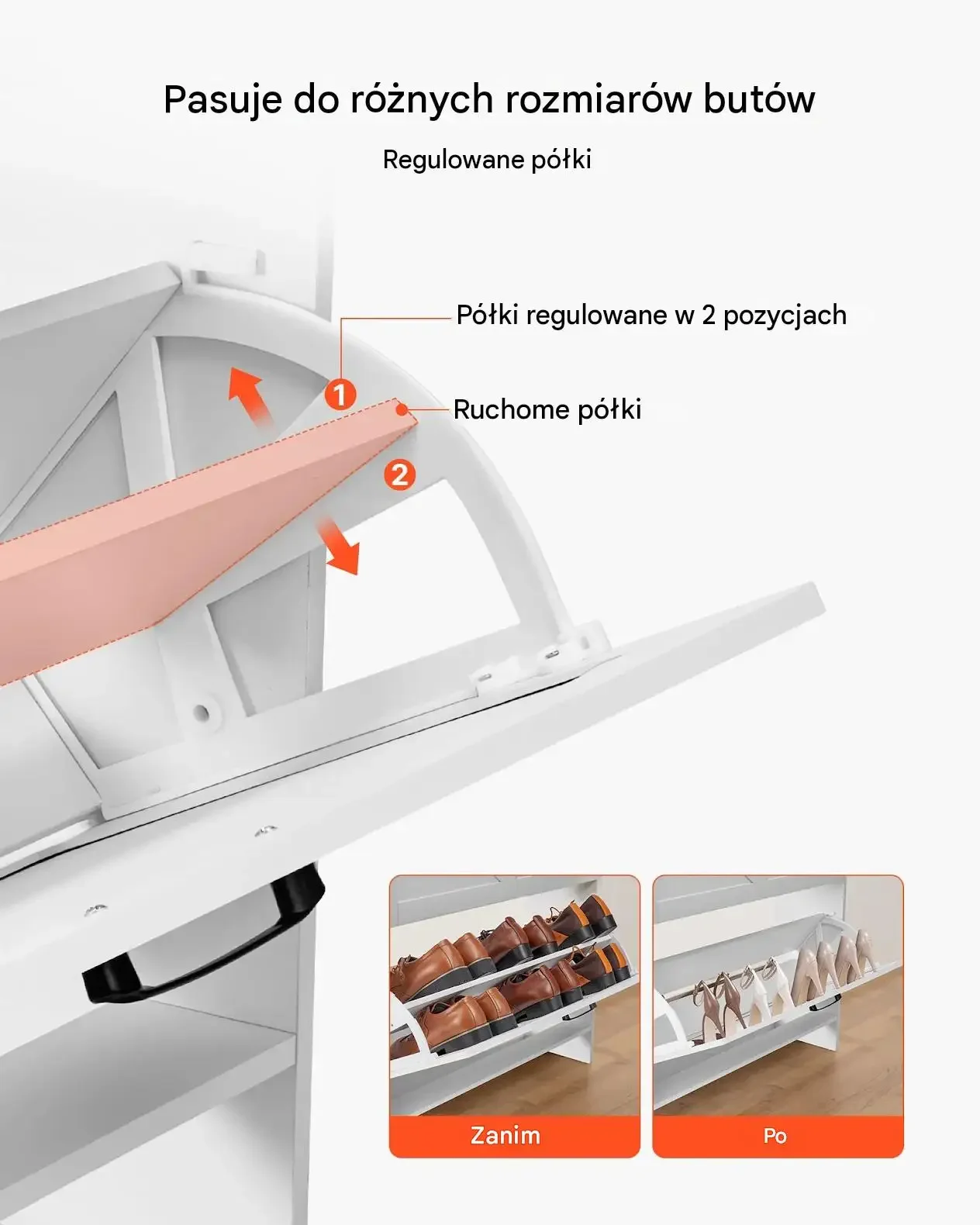 Szafka buty biała mocna 2 drzwi 2 szuflady antywywrotowa 80 x 24 x 105 cm - obrazek 6