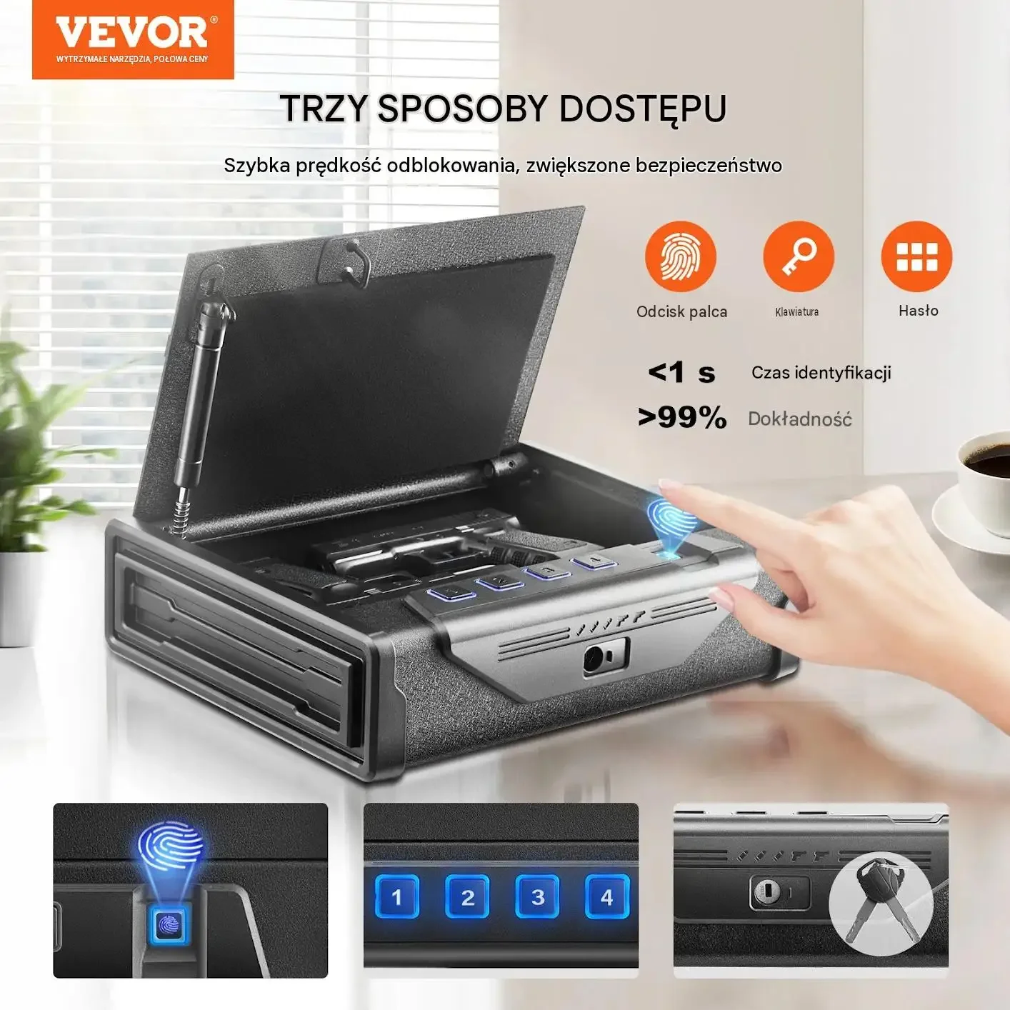 Sejf broni mocny czarny 2 pistolety odcisk palca hasło klucz stal Q235 3 mm - obrazek 5