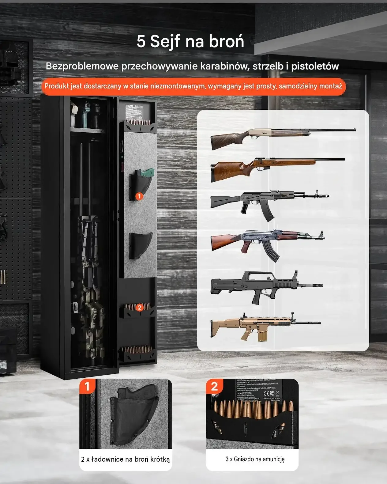 Sejf broń długi czarny stal ognioodporny 5 karabinów biometria LED mocny - obrazek 2