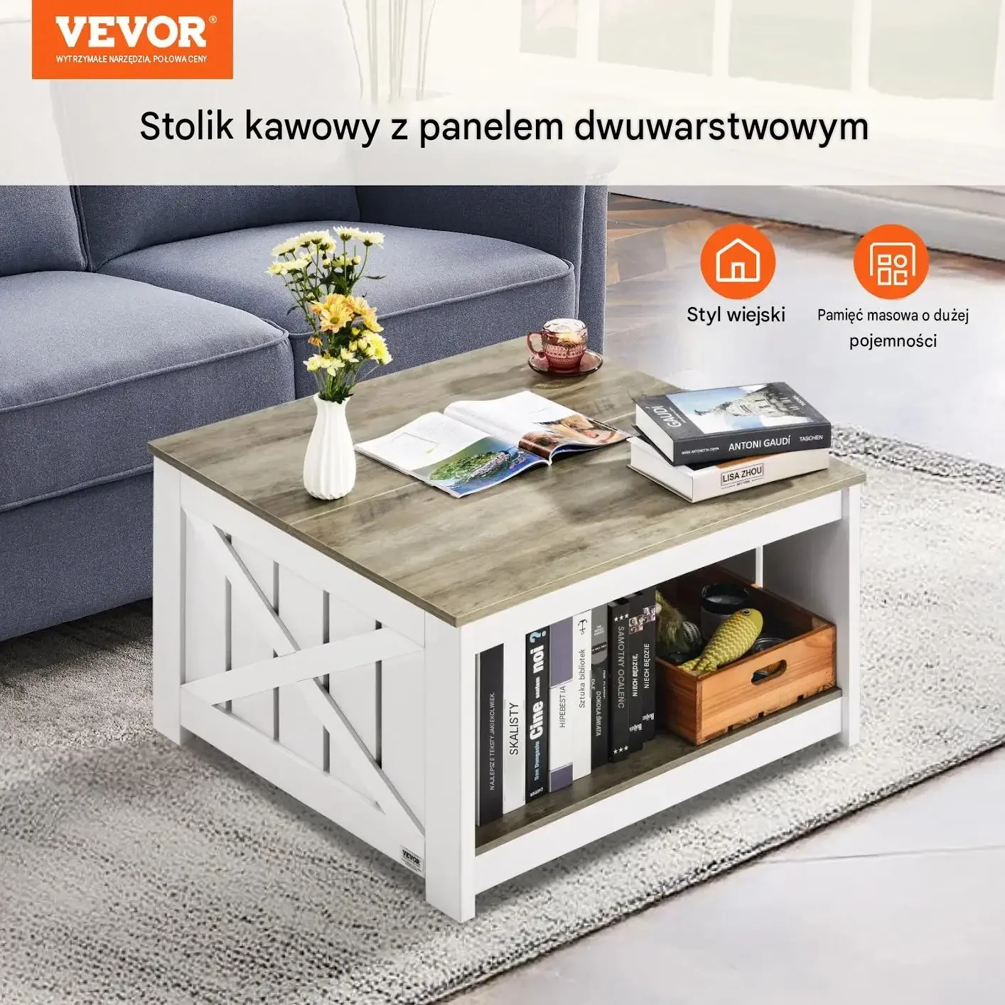 Stolik kawowy kwadratowy 80 cm biały rustykalny premium konstrukcja schowek - obrazek 6