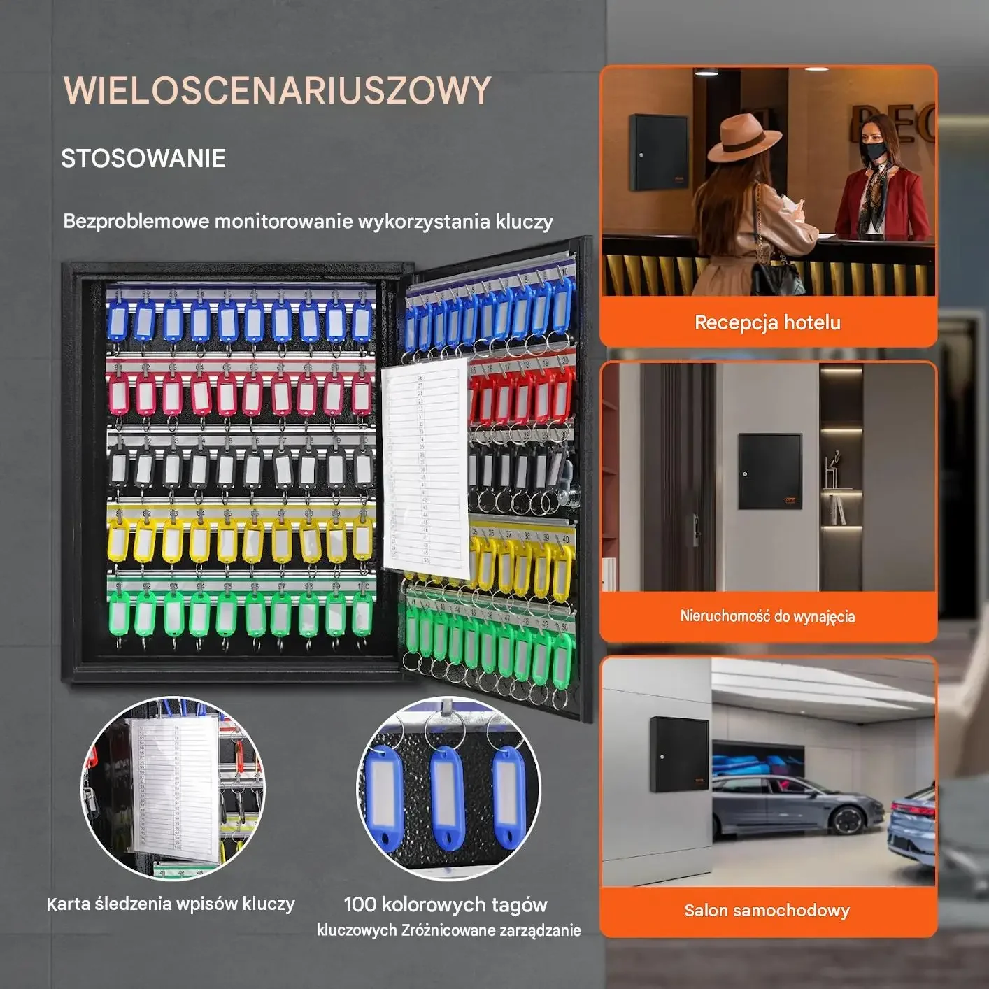 Szafka kluczy czarna mocna 100 kluczy zamykana stalowa regulowana ścienna - obrazek 2
