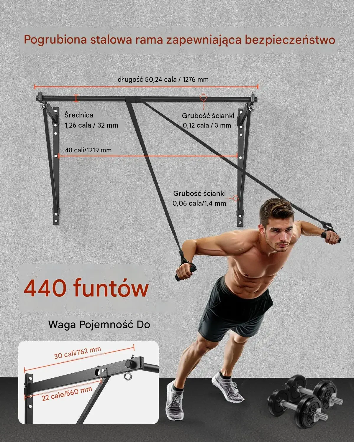 Stabilny drążek podciągania ścienny siłownia 1276 mm 200 kg mocny uchwyt - obrazek 2