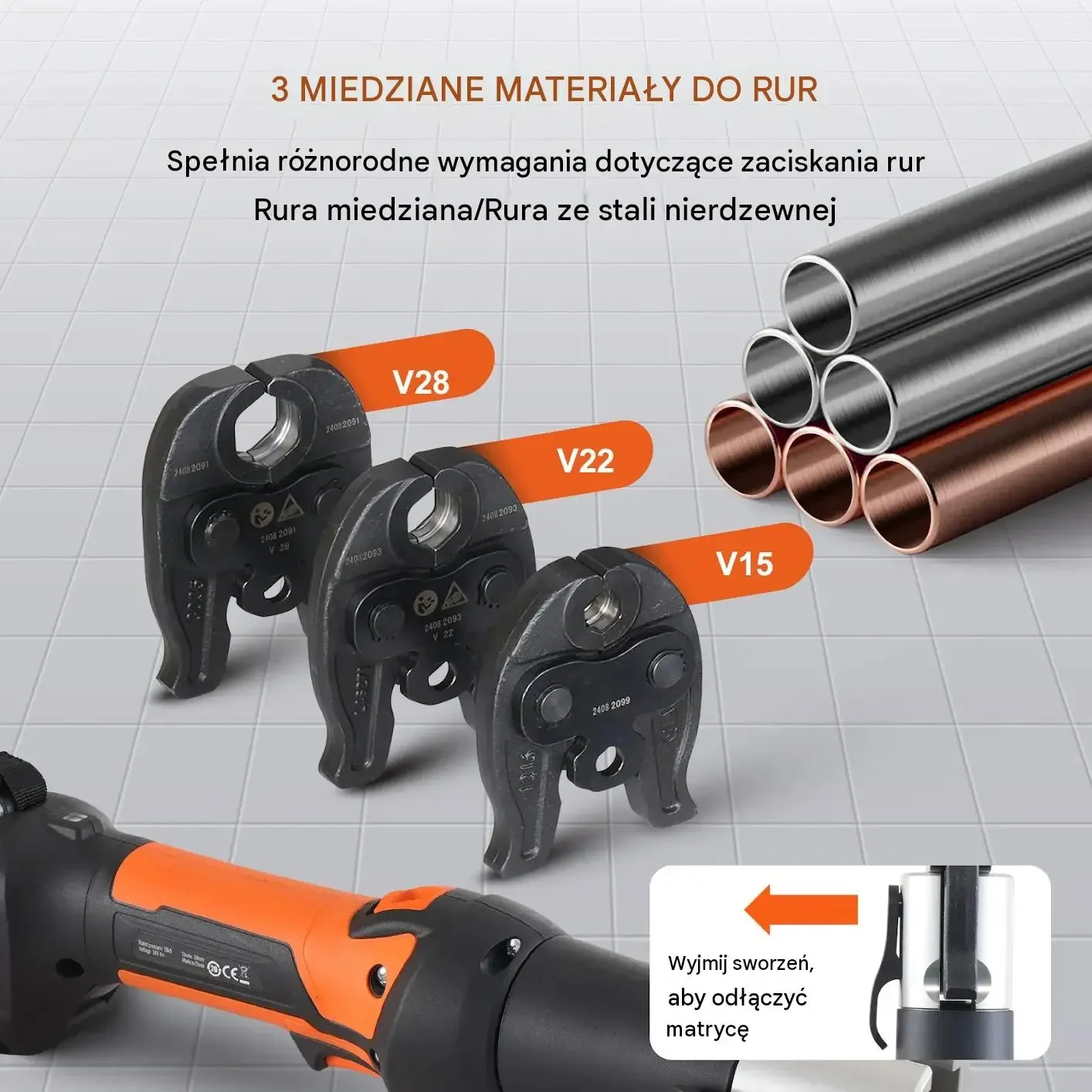 Zaciskarka hydrauliczna akumulatorowa premium 18 V V15 V22 V28 19 kN OLED - obrazek 5