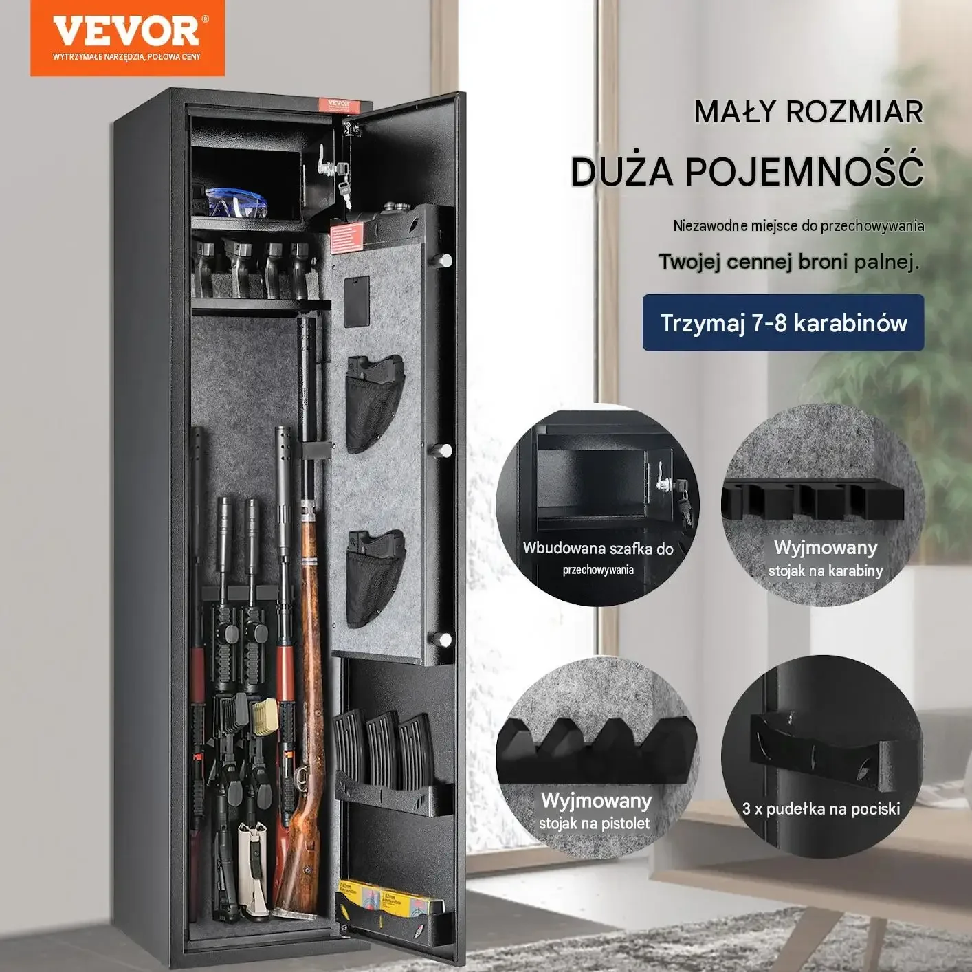 Sejf broni czarny 6 karabinów biometryczny mocna stal klawiatura LED alarm - obrazek 3