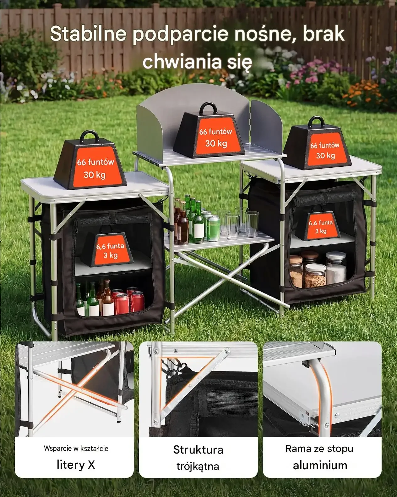 Składana kuchnia kempingowa czarna mocna MDF 2 stoliki schowki osłona grill - obrazek 2