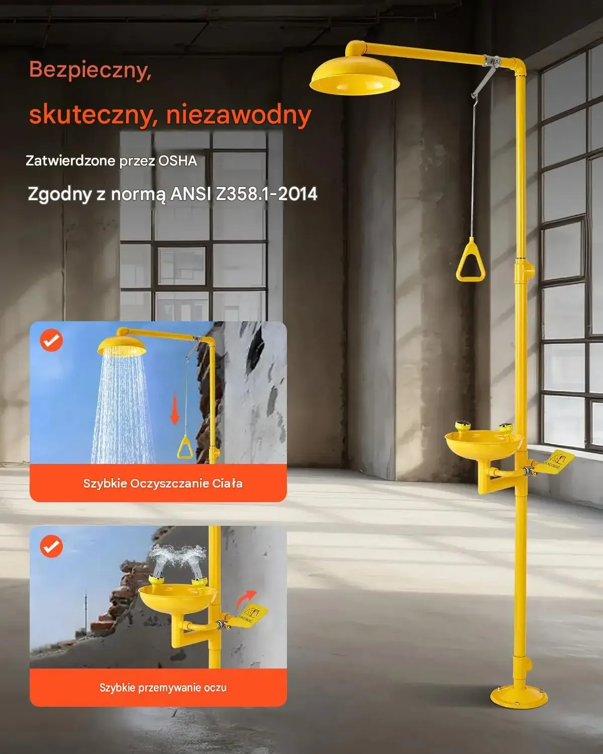 Stacja przemywania oczu prysznic awaryjny stal 304 2330 mm BHP kwasoodporna - obrazek 2