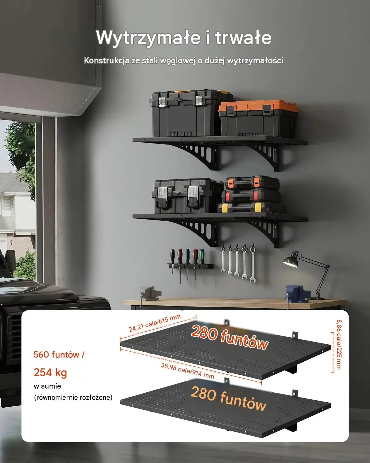Półki garażowe ścienne 2 sztuki stalowe mocne 127 kg 914 x 615 mm warsztaty - obrazek 2