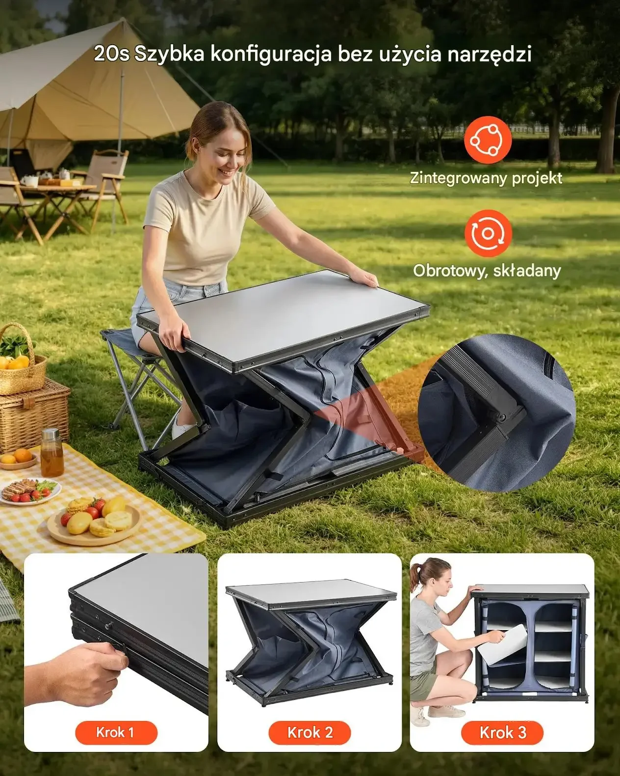 Kuchnia kempingowa składana mocna 6 półek blat MDF 30 kg szafka 84 cm torba - obrazek 3