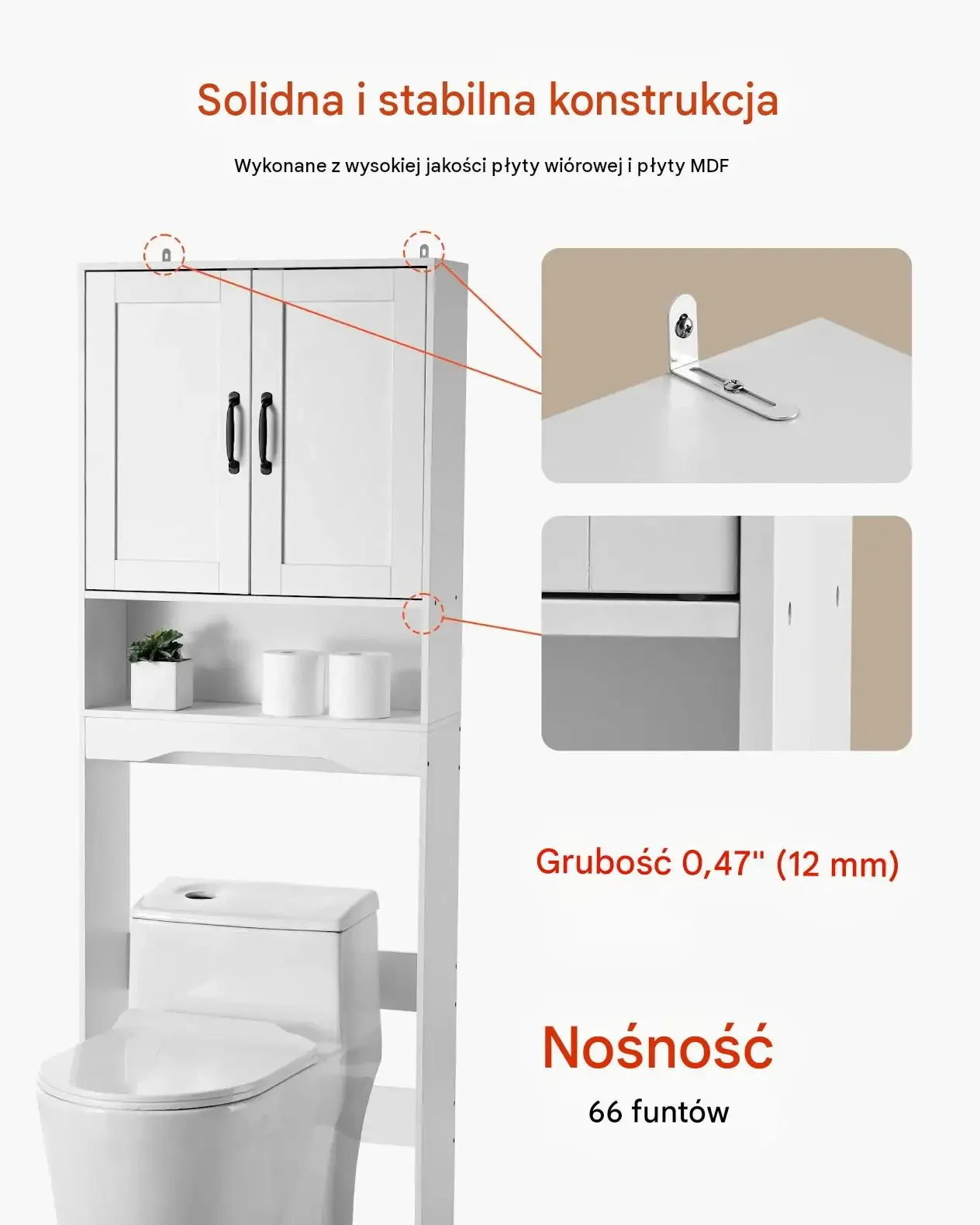 Szafka łazienkowa nad toaletę biała 60 cm premium regulowana półka meble - obrazek 6