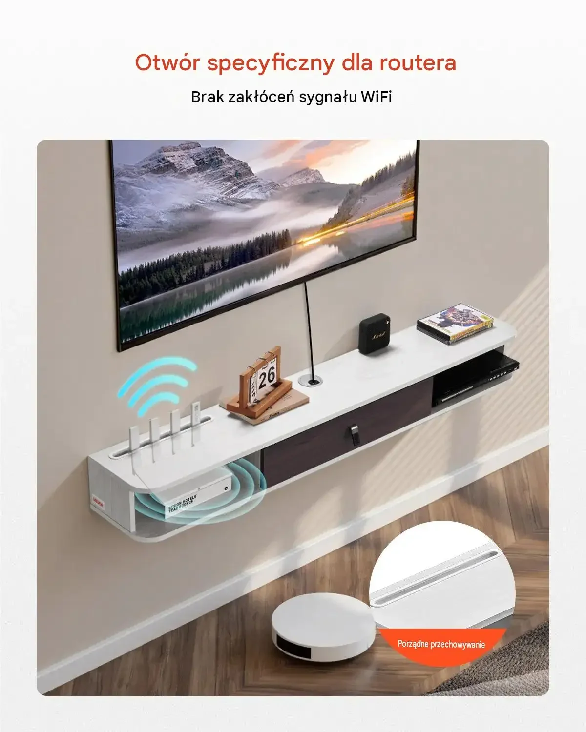 Szafka RTV wisząca biała 140 cm wytrzymała otwór kablowy router płyta 52 kg - obrazek 5