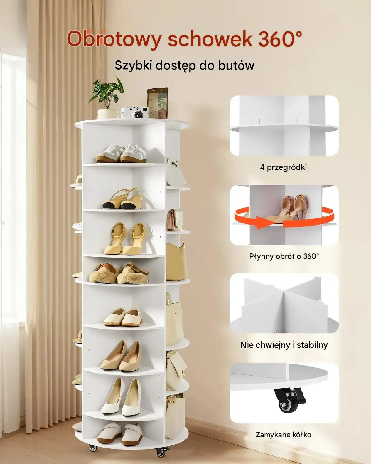 Stojak butów 28 par 7 poziomów obrotowy 360° mobilny biała mocna PVC 16 kg - obrazek 2