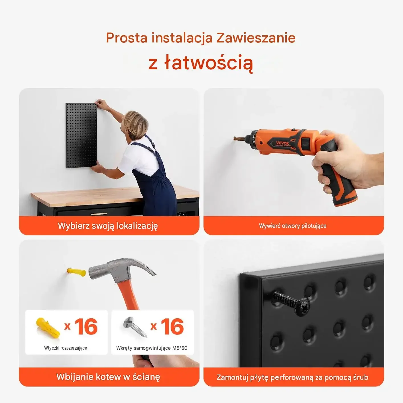 Organizer ścienny tablica perforowana 61 x 30 cm 4 sztuki czarna mocna stal - obrazek 3