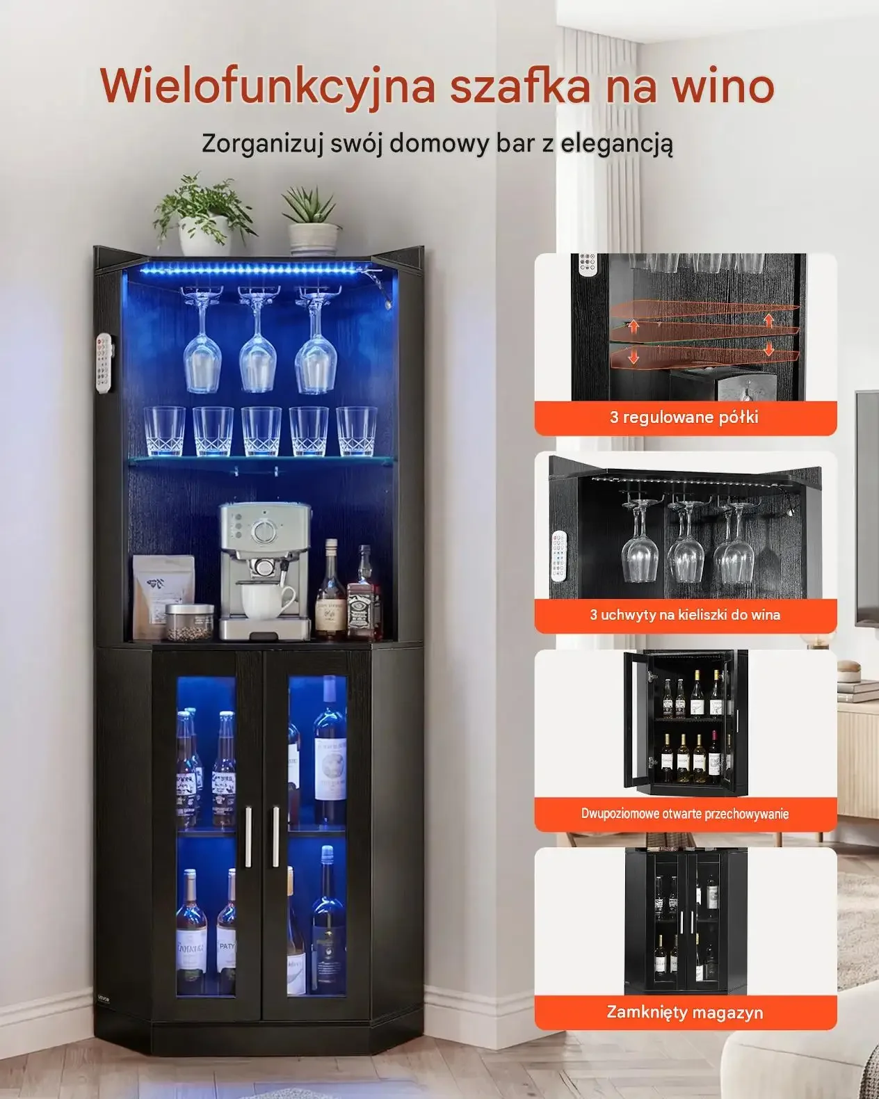Szafka barowa narożna czarna bar wino LED uchwyt kieliszki 50 x 50 x 170 cm - obrazek 5