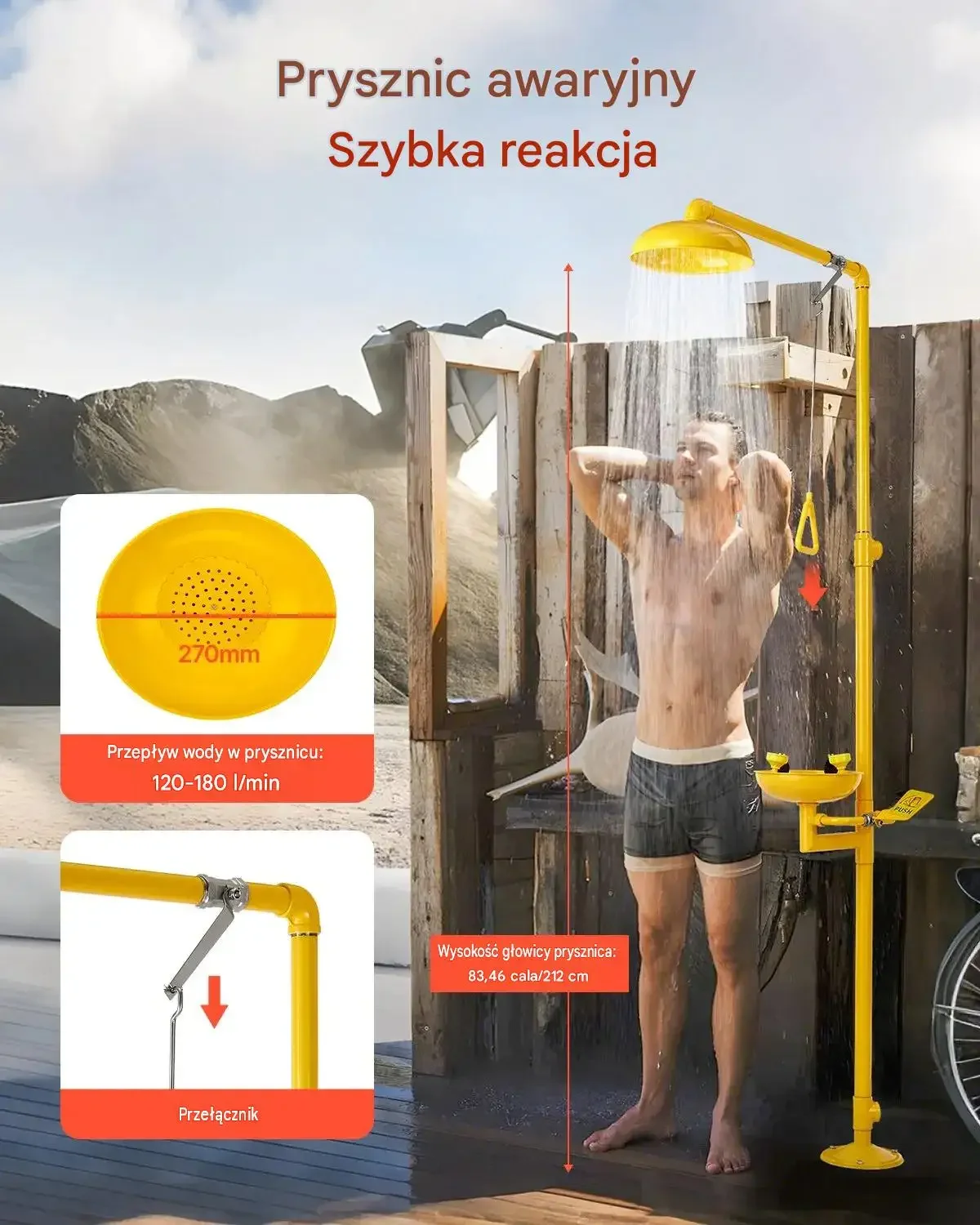 Stacja przemywania oczu prysznic awaryjny stal 304 2330 mm BHP kwasoodporna - obrazek 4