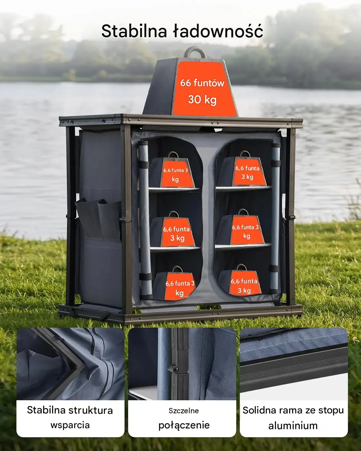 Kuchnia kempingowa składana mocna 6 półek blat MDF 30 kg szafka 84 cm torba - obrazek 4