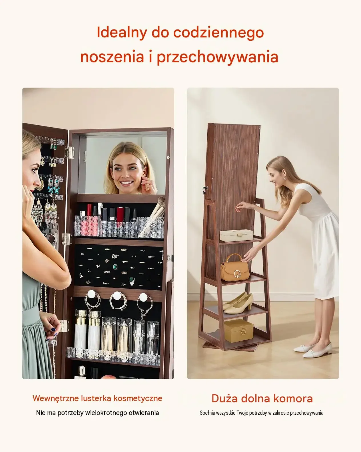 Szafka biżuteryjna obrotowa lustro 360 brązowa premium 72 kolczyków klucze - obrazek 6