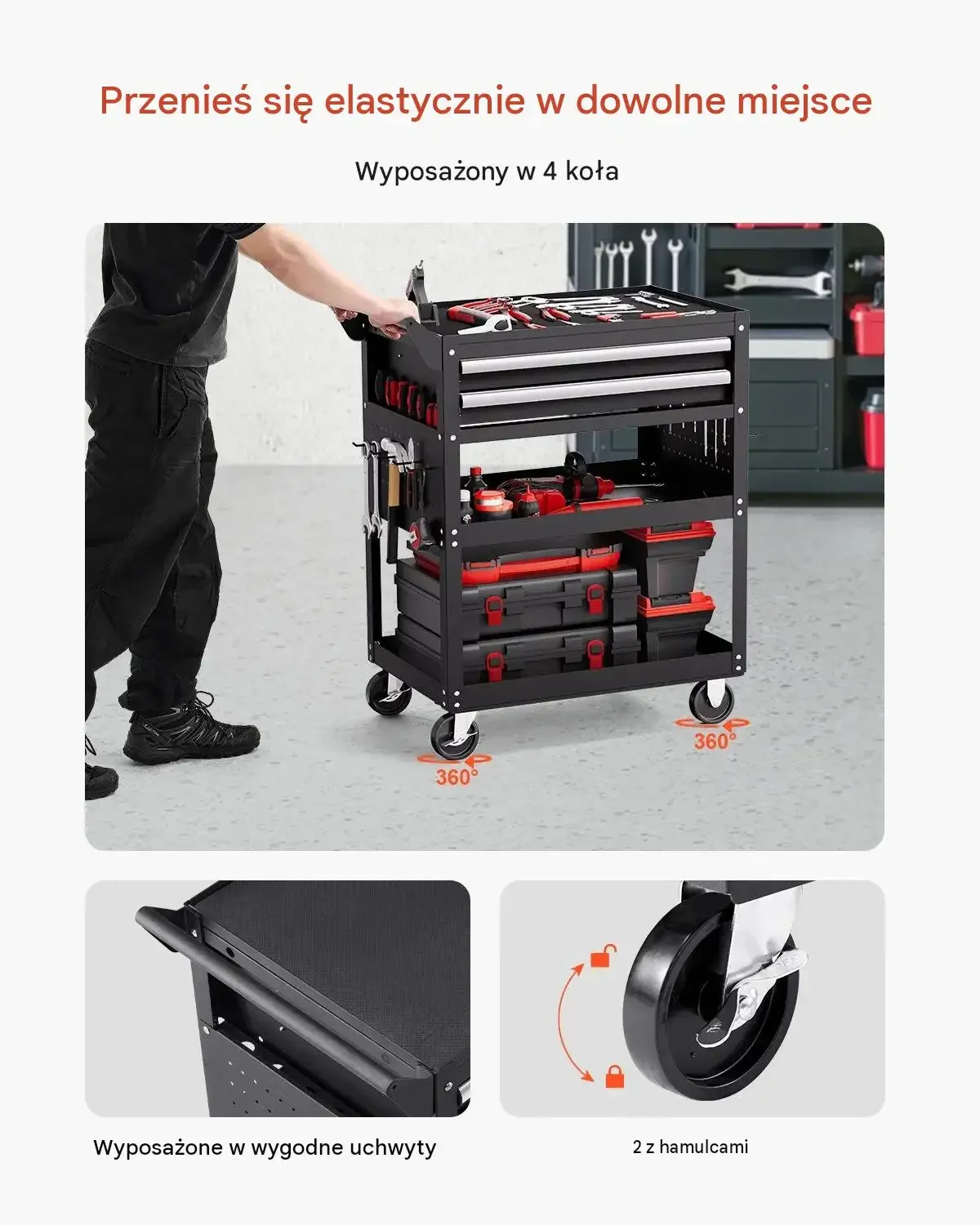 Wózek narzędziowy mocny czarny 181 kg warsztatowy mobilny 785 x 450 mm stal - obrazek 4