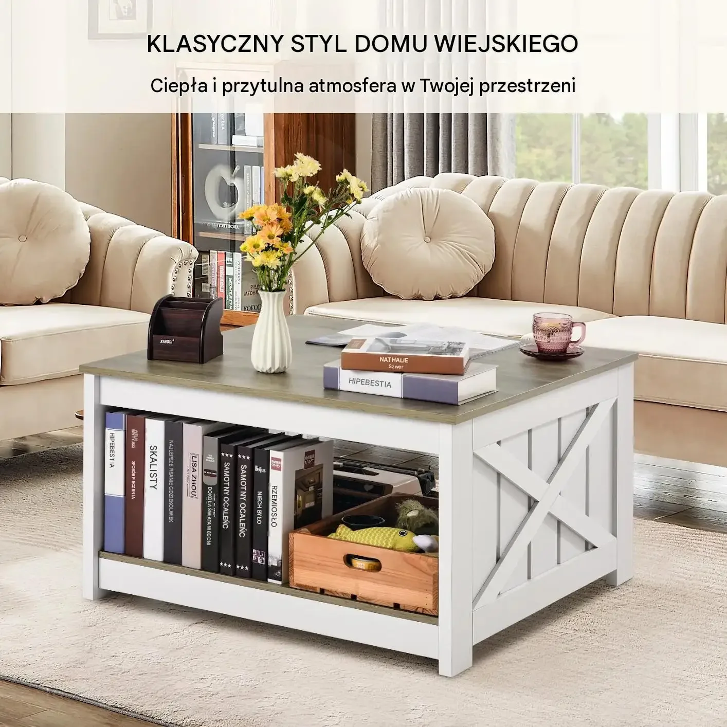 Stolik kawowy kwadratowy 80 cm biały rustykalny premium konstrukcja schowek - obrazek 4
