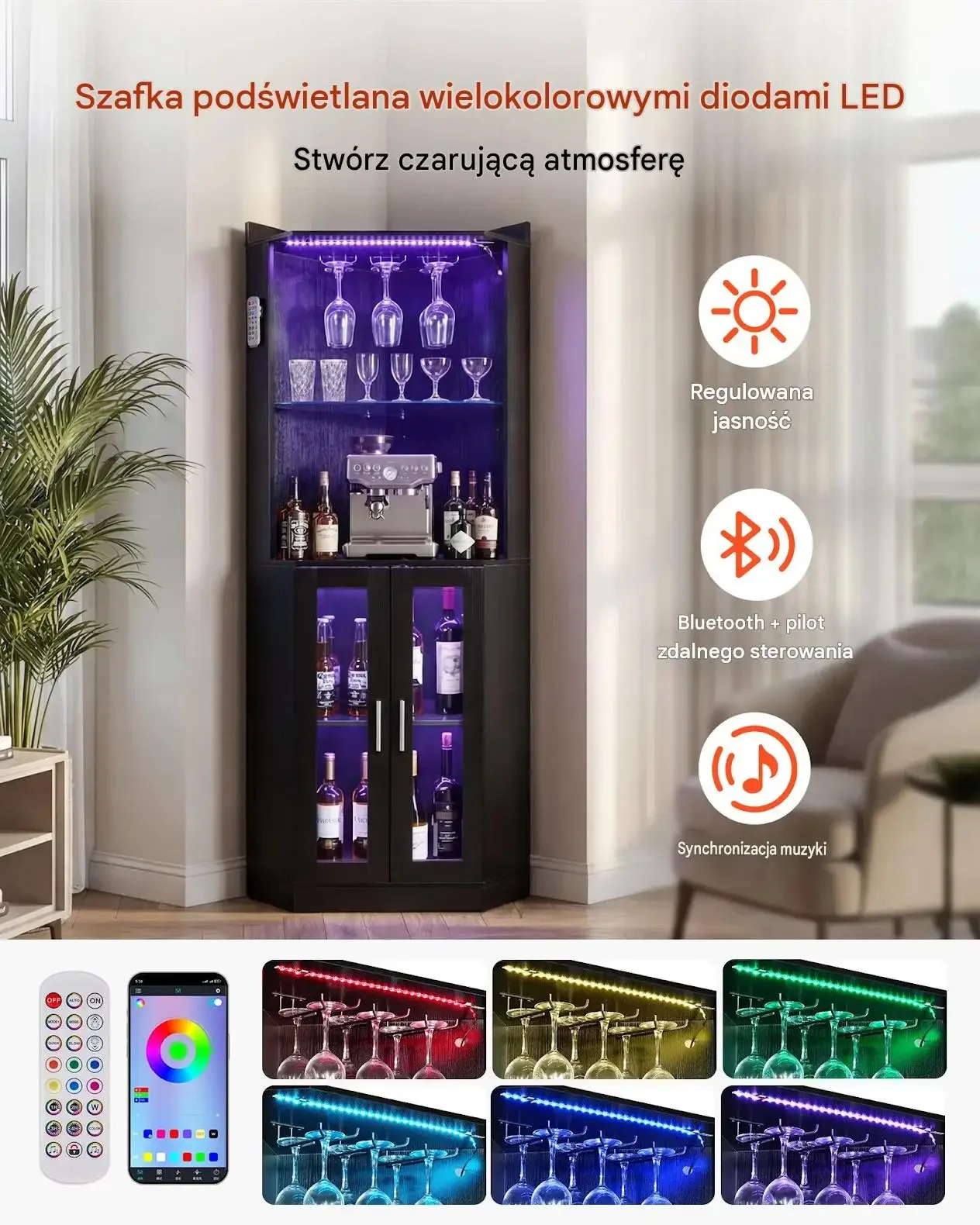 Szafka barowa narożna czarna bar wino LED uchwyt kieliszki 50 x 50 x 170 cm - obrazek 3