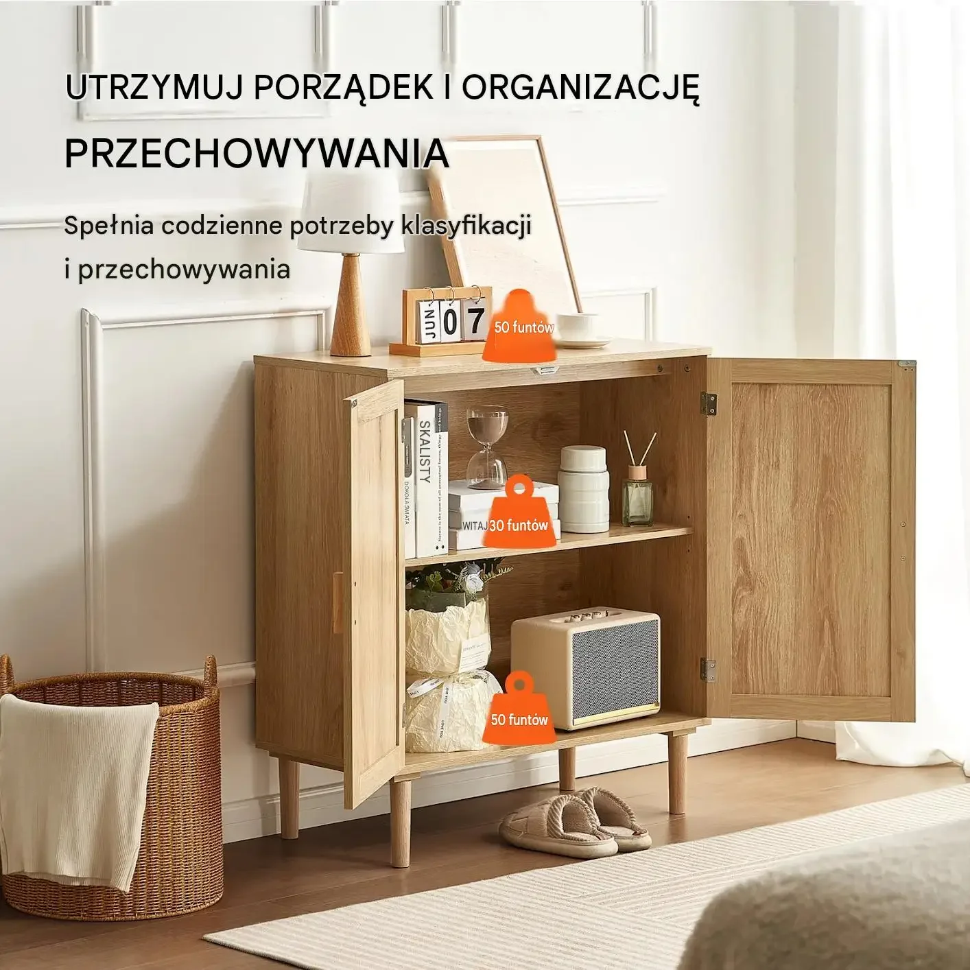 Komoda rattanowa jasna mocna 2 drzwi regulowane półki magnetyczne uchwyty - obrazek 6