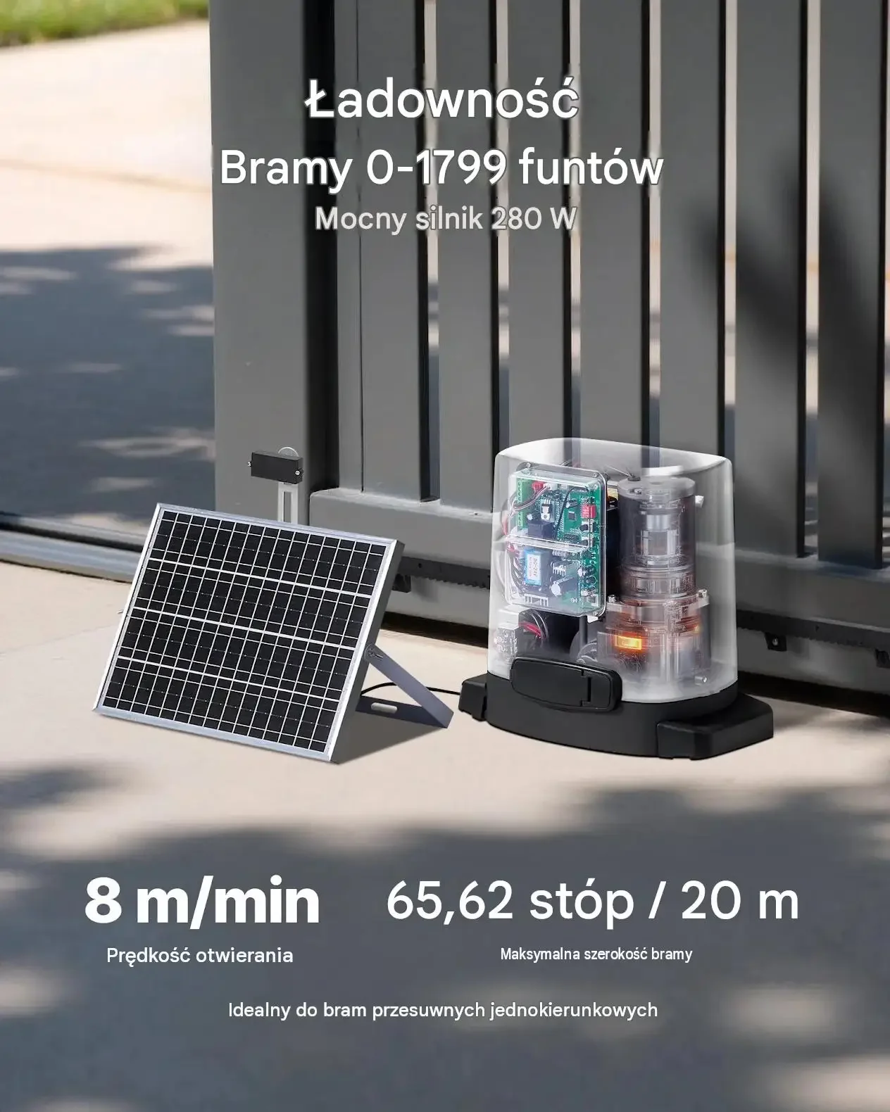 Napęd bramy przesuwnej mocny 280 W solarny 800 kg 20 m czujnik automatyczny - obrazek 3
