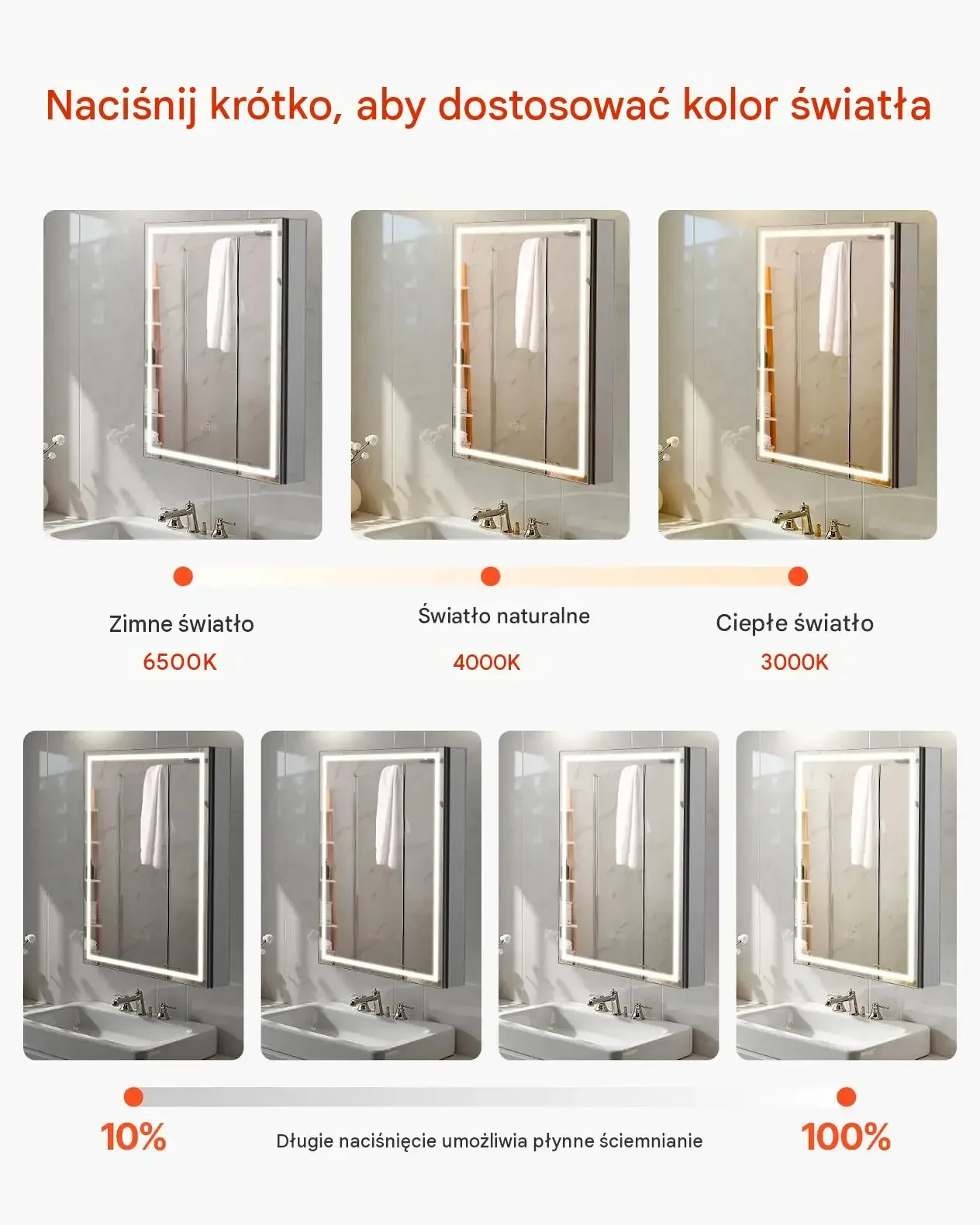 Szafka łazienkowa lustro LED mocna 50 x 70 cm 3 kolory światła odmgławianie - obrazek 3