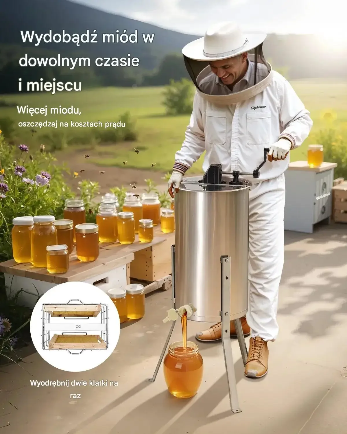 Miodarka ręczna wirówka miodu pasieka pszczelarska 2 ramki stojak premium - obrazek 2