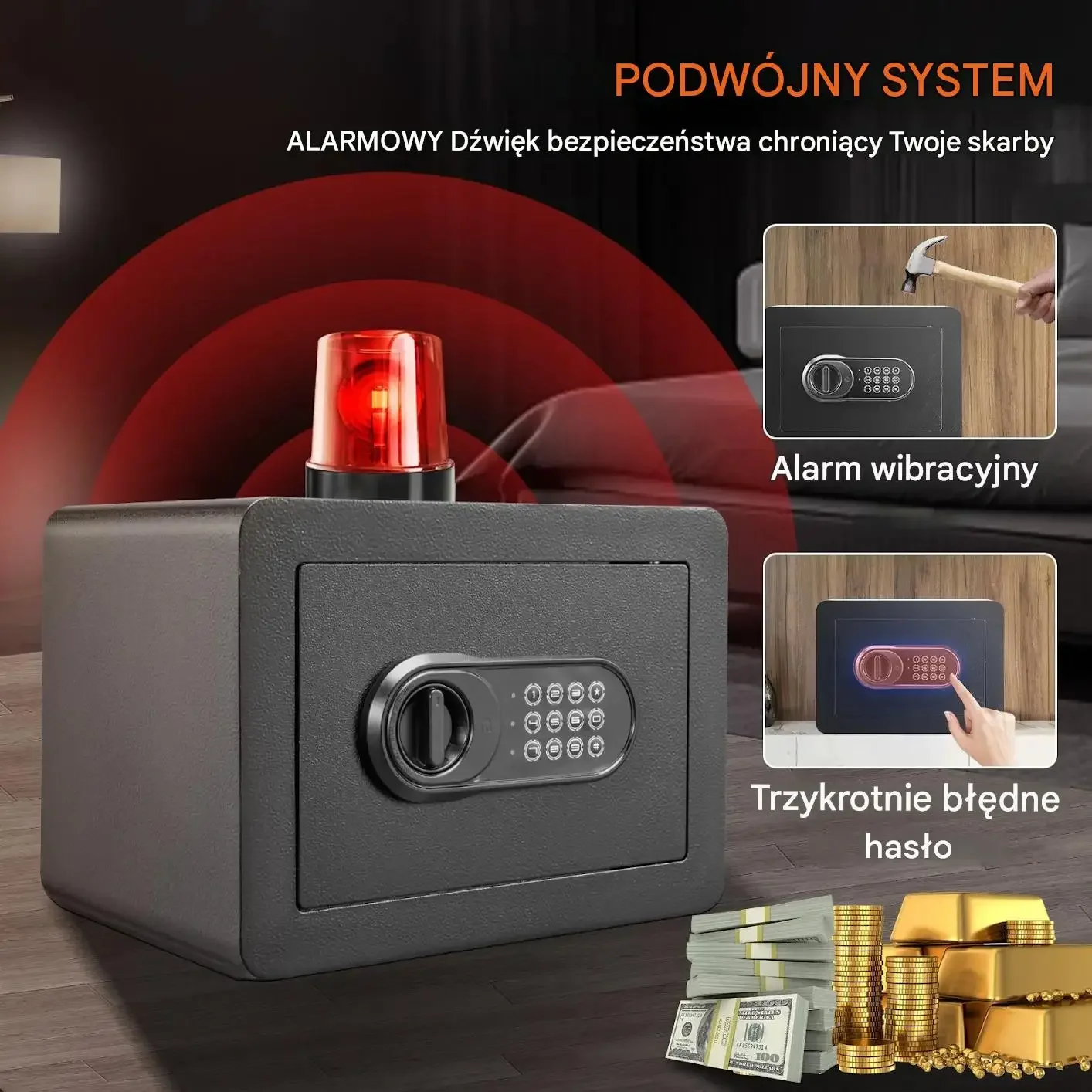 Sejf domowy mocny czarny cyfrowy zamek klucz alarm półka 14 L stalowy 28 mm - obrazek 3