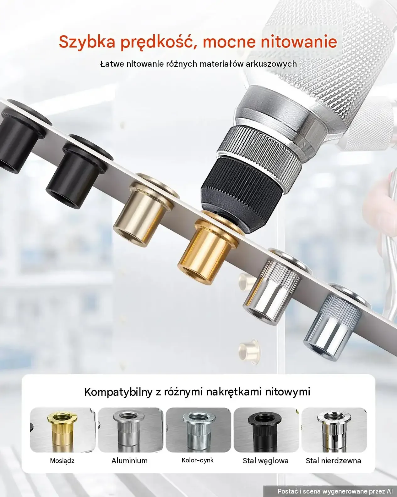 Nitownica pneumatyczna mocna 1215 kg 8 głowic M4 M5 M6 M8 M10 SAE 9 mm stal - obrazek 3