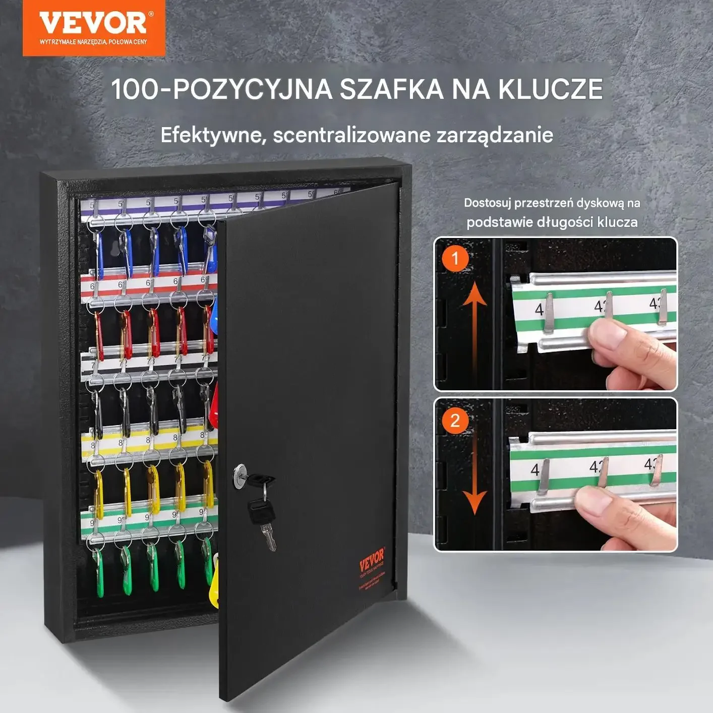 Szafka kluczy czarna mocna 100 kluczy zamykana stalowa regulowana ścienna - obrazek 5
