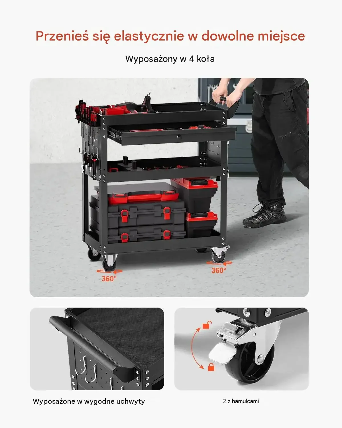 Wózek narzędziowy warsztatowy mocna czarny 160 kg 830 x 350 x 826 mm 4 koła - obrazek 5