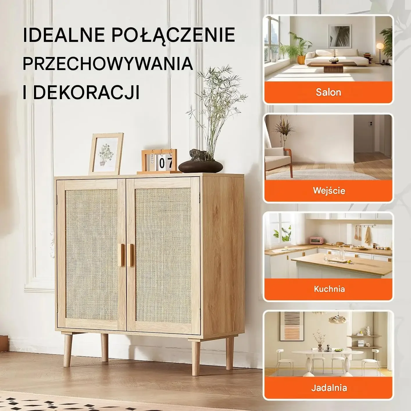 Komoda rattanowa jasna mocna 2 drzwi regulowane półki magnetyczne uchwyty - obrazek 4