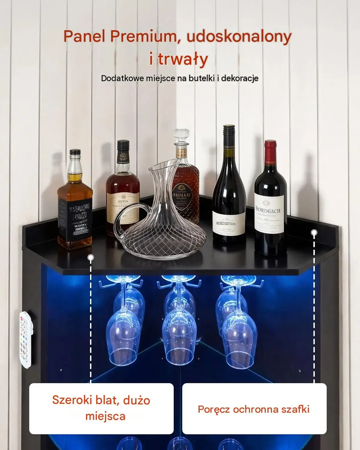 Szafka barowa narożna czarna bar wino LED uchwyt kieliszki 50 x 50 x 170 cm - obrazek 4