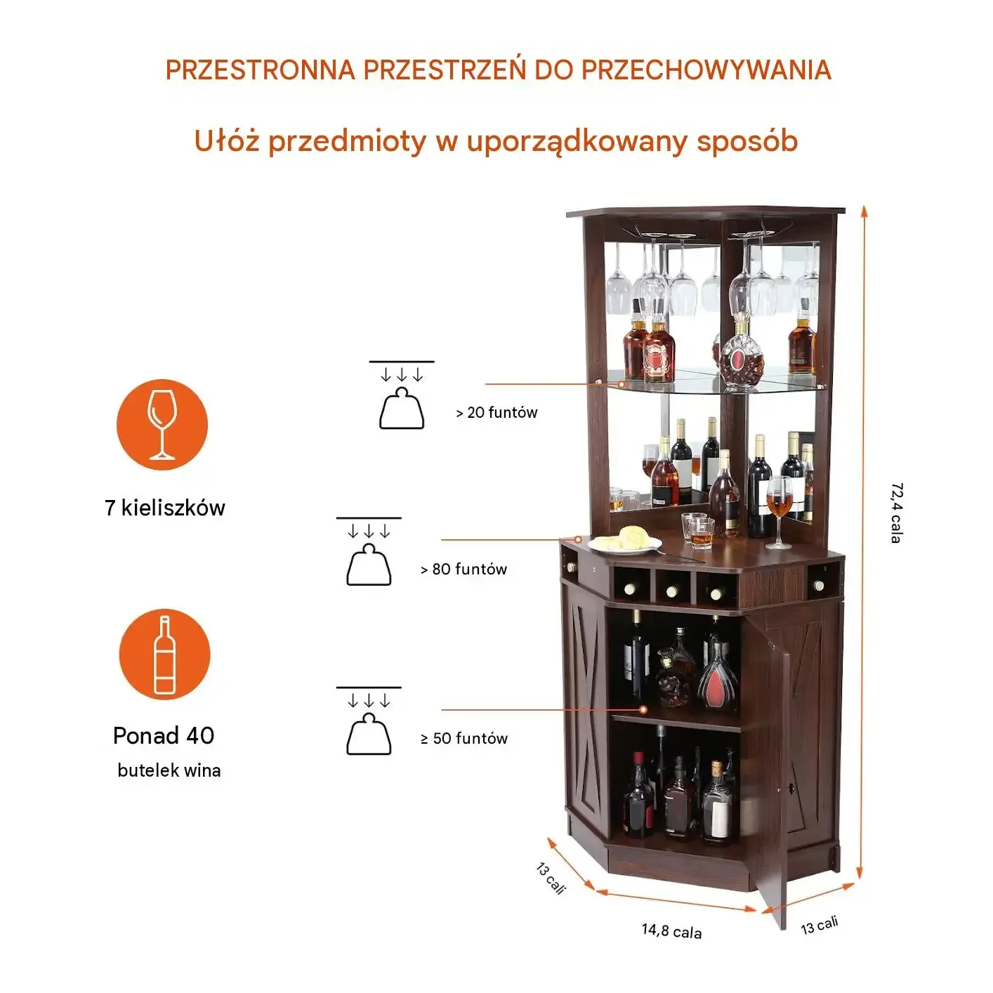 Szafka barowa narożna brązowa mocna płyta regulowane półki uchwyt szkło 40+ - obrazek 5
