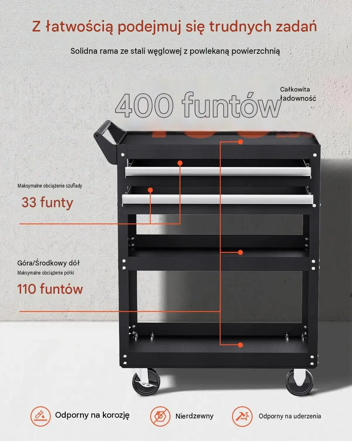 Wózek narzędziowy mocny czarny 181 kg warsztatowy mobilny 785 x 450 mm stal - obrazek 5