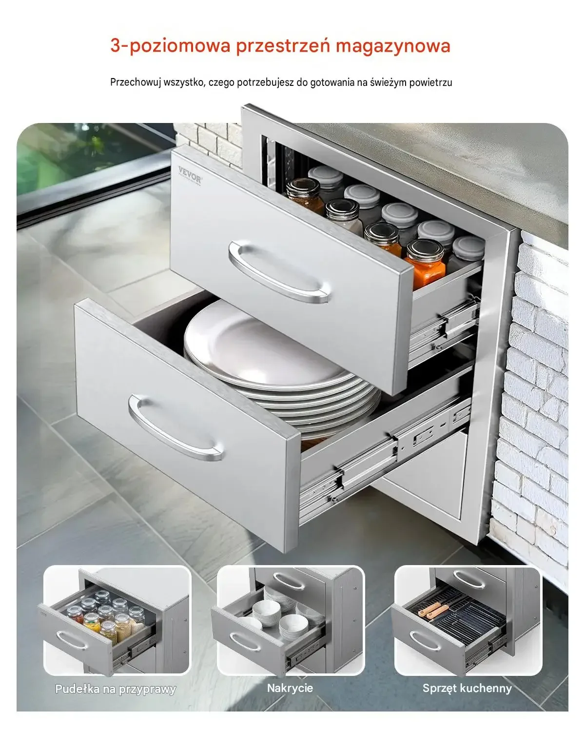 Szuflady grillowe mocna stal nierdzewna 3 szuflady potrójny dostęp BBQ inox - obrazek 2