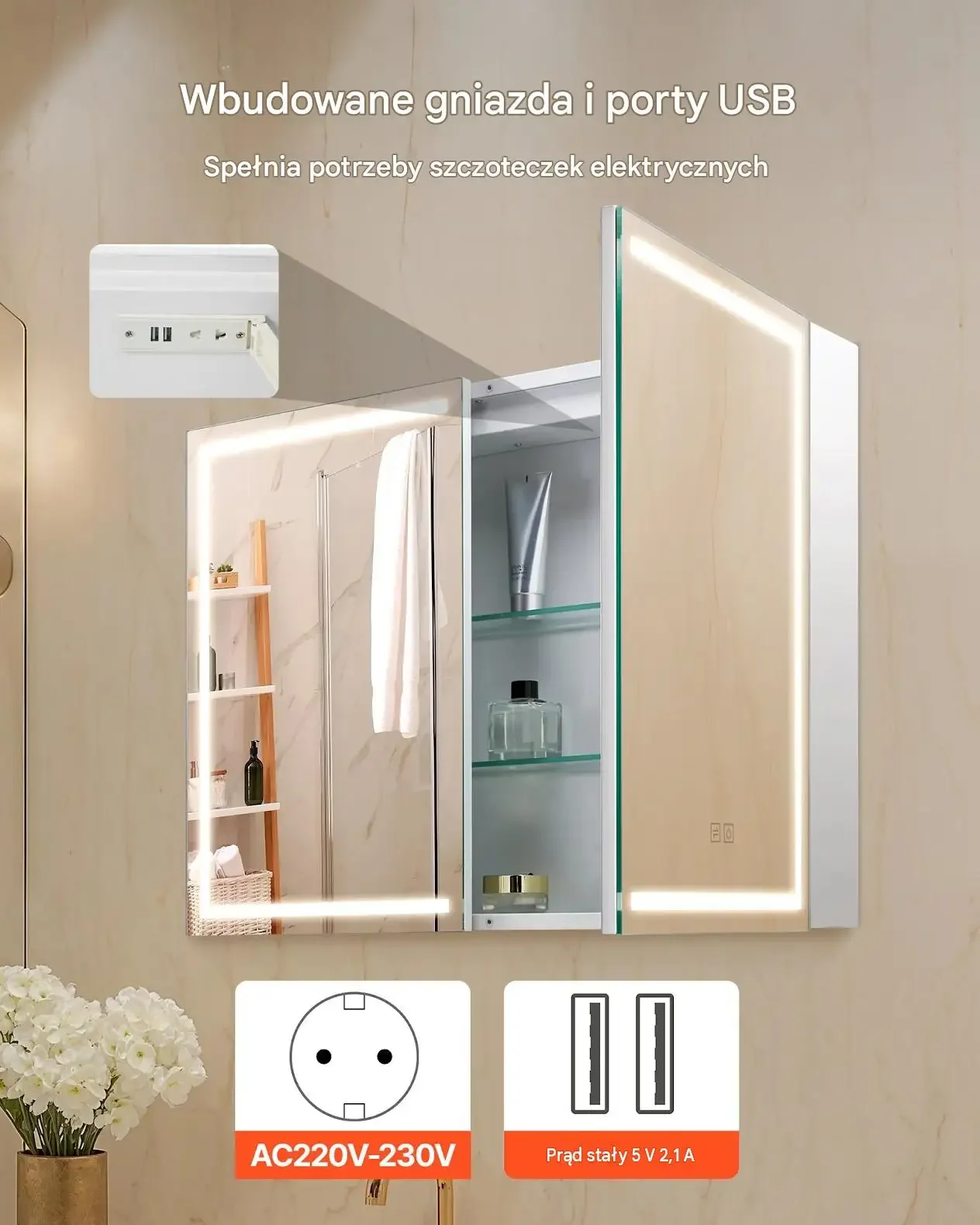 Szafka łazienkowa lustro LED 60 x 80 cm mocna 3 kolory półki pamięć 4 mm HD - obrazek 2