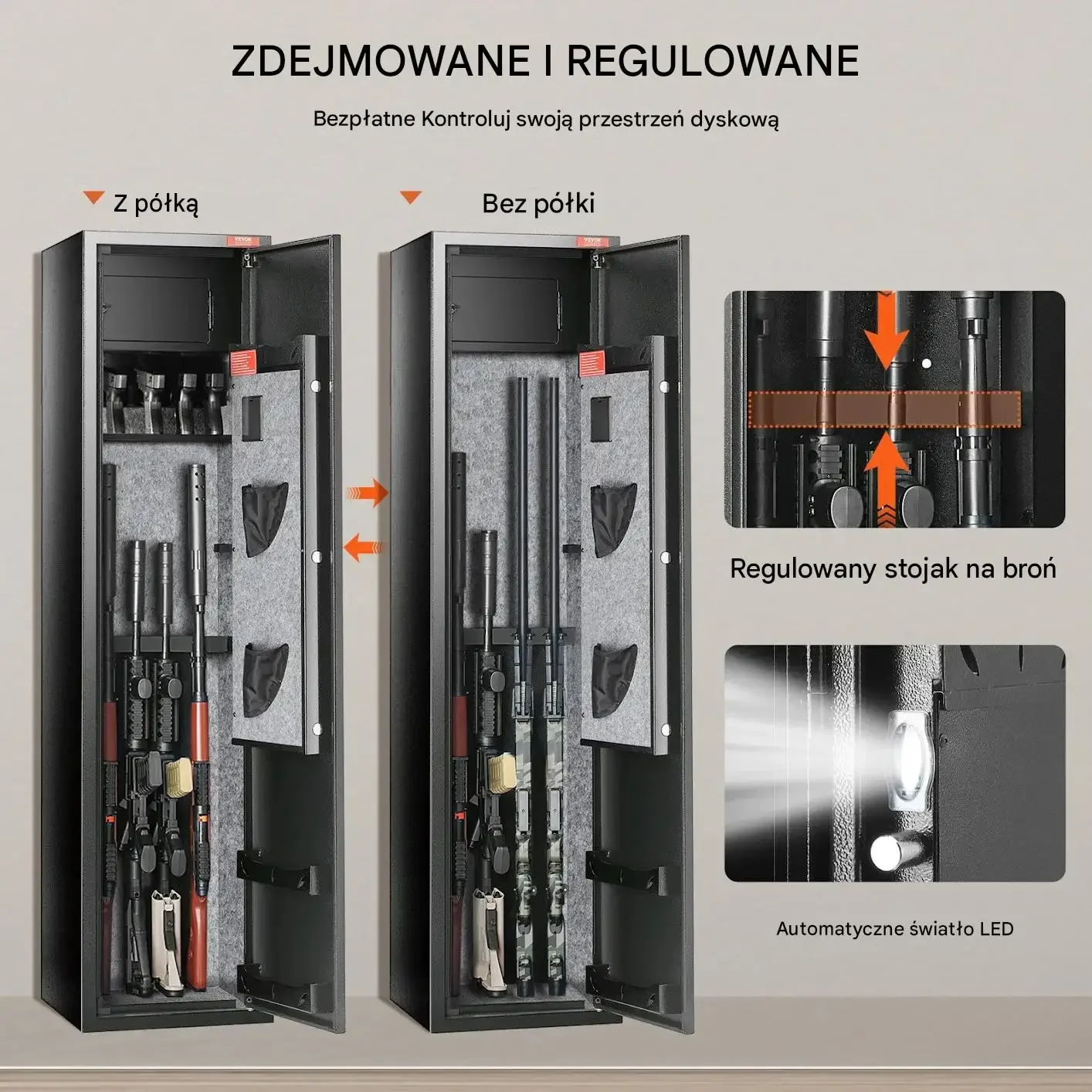 Sejf broni czarny 6 karabinów biometryczny mocna stal klawiatura LED alarm - obrazek 2