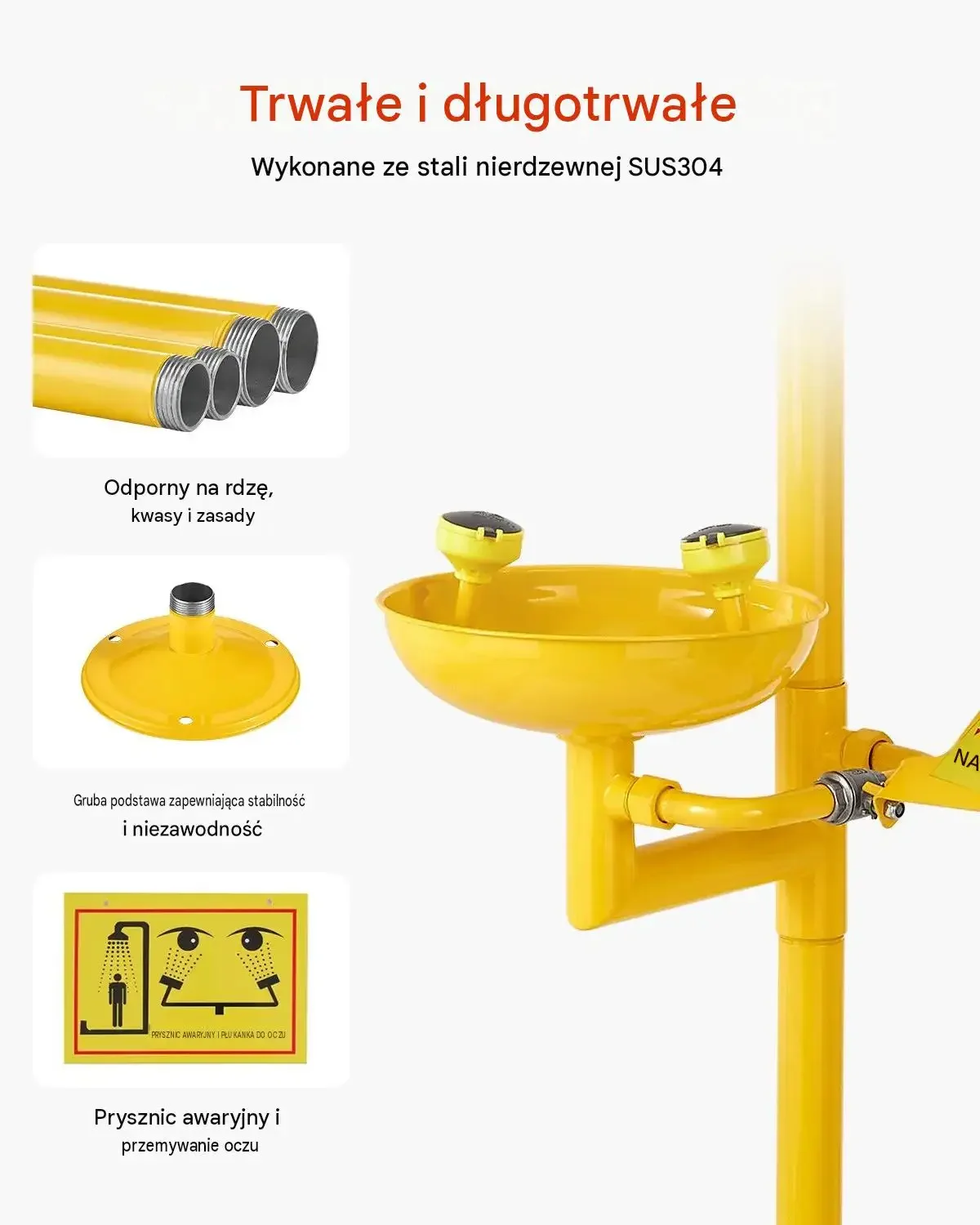Stacja przemywania oczu prysznic awaryjny stal 304 2330 mm BHP kwasoodporna - obrazek 3