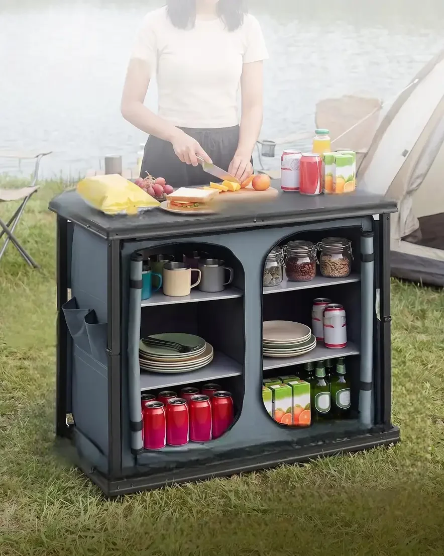 Kuchnia kempingowa składana mocna 6 półek blat MDF 30 kg szafka 84 cm torba - obrazek 2