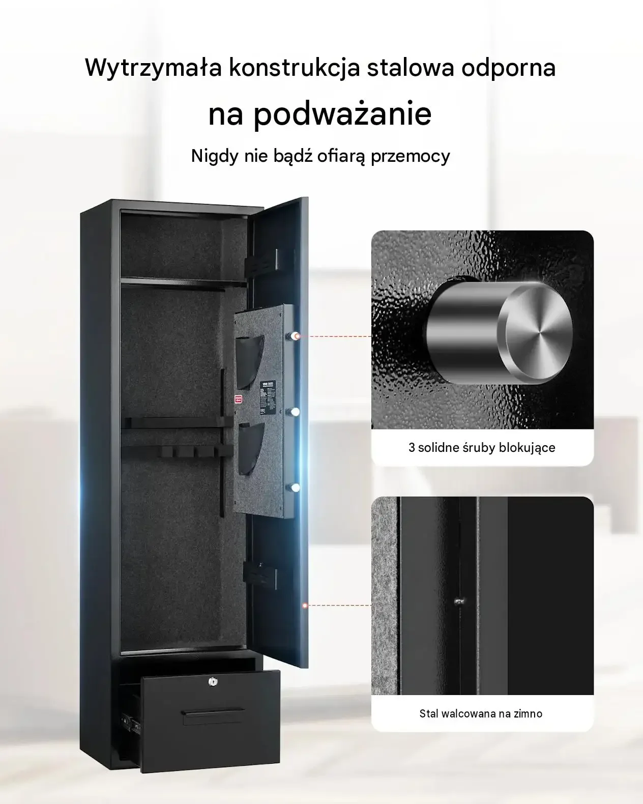 Sejf broń długa szafka mocna czarna 4 karabiny zamek kodowy alarm LED 57 mm - obrazek 4