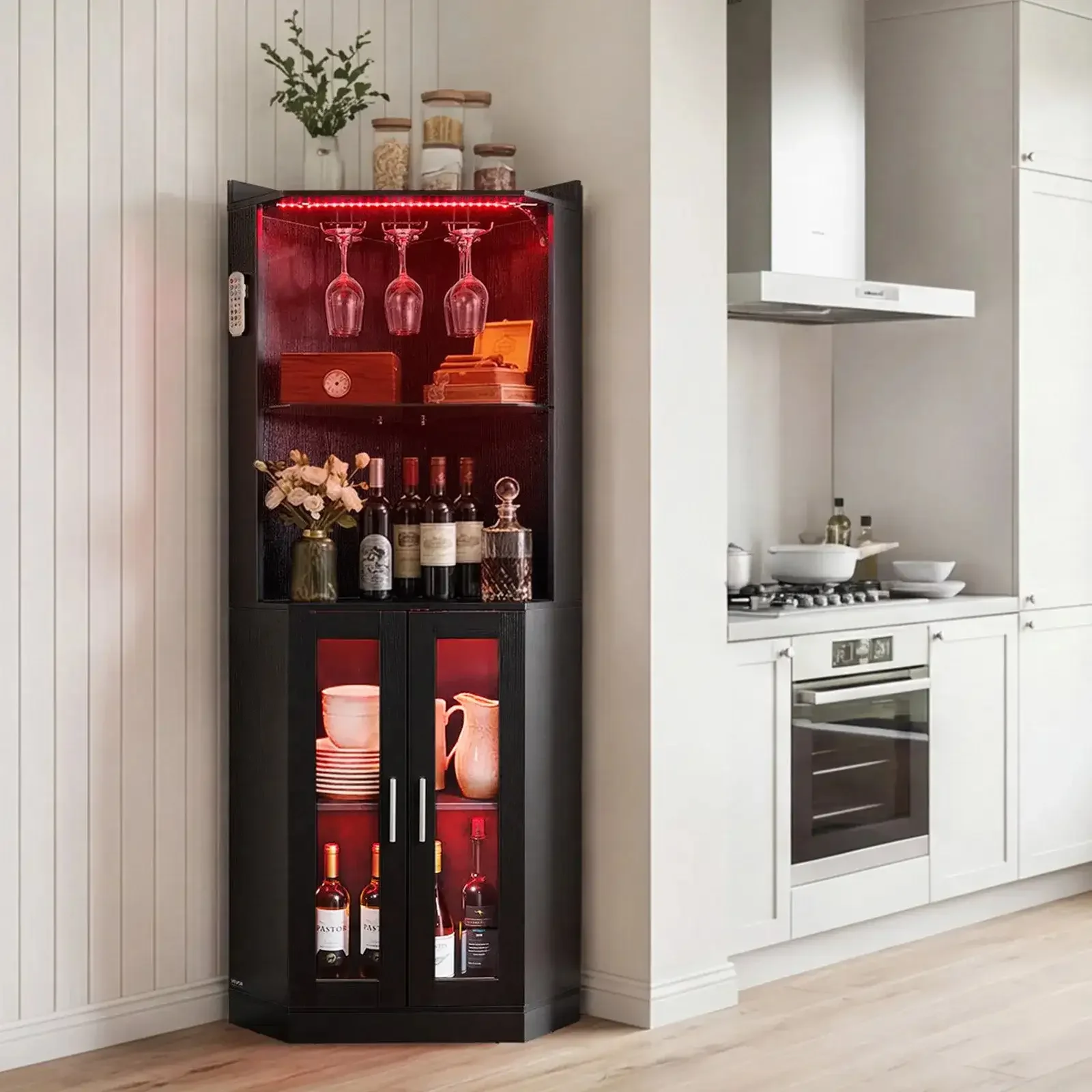 Szafka barowa narożna czarna bar wino LED uchwyt kieliszki 50 x 50 x 170 cm - obrazek 6