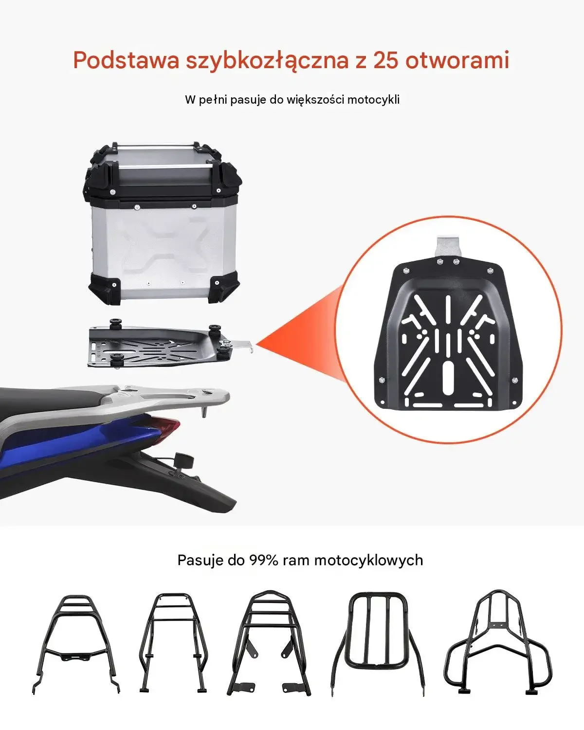 Wodoodporny kufer motocyklowy centralny aluminium oparcie 45 L srebrny - obrazek 4