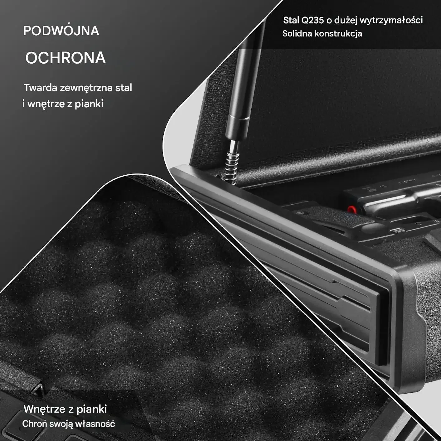 Sejf broni mocny czarny 2 pistolety odcisk palca hasło klucz stal Q235 3 mm - obrazek 3
