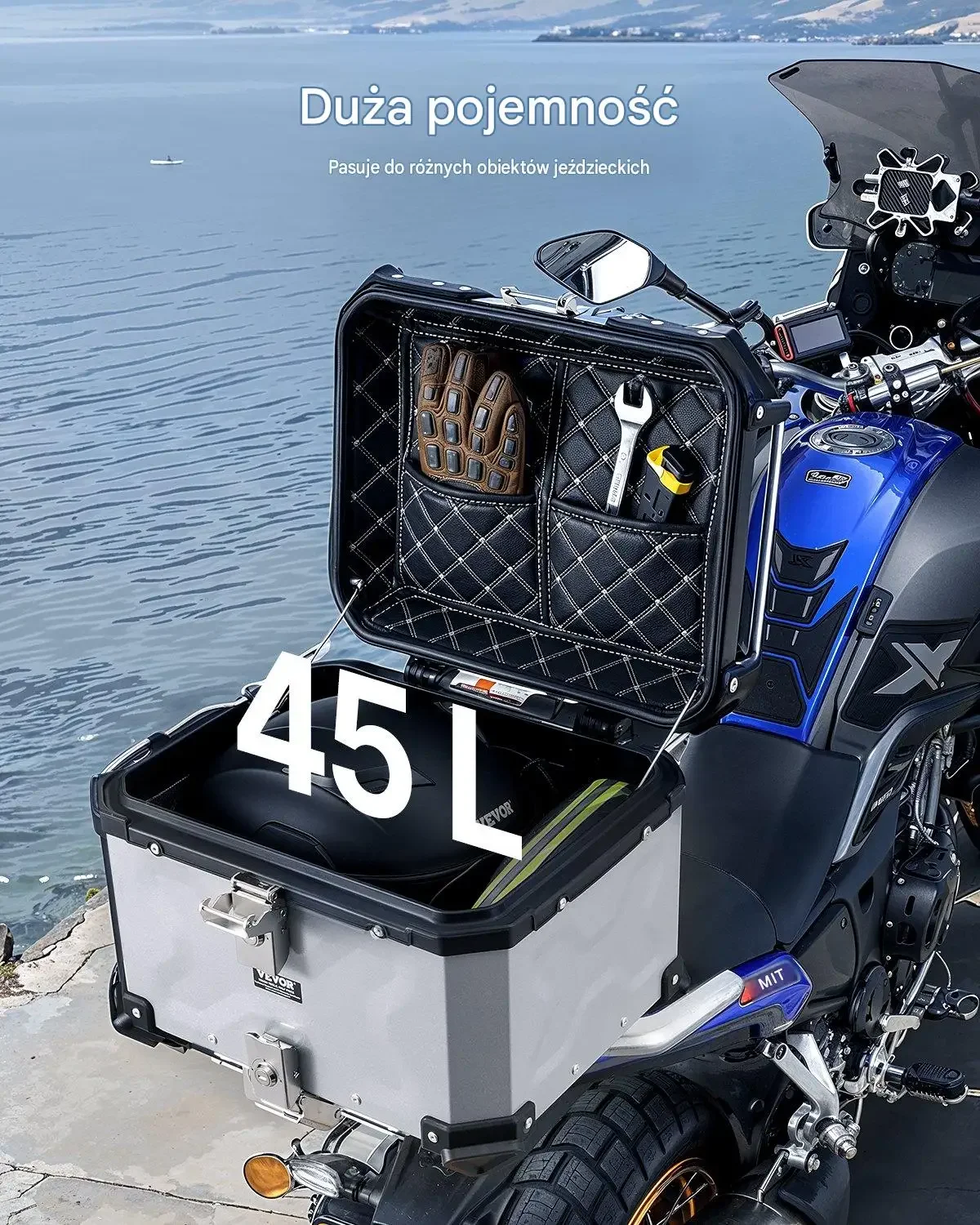 Wodoodporny kufer motocyklowy centralny aluminium oparcie 45 L srebrny - obrazek 2